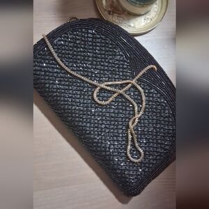 Wolford Elegant Black Beaded Purse With Gold Strap Vintage